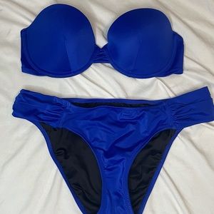 Victorias Secret royal blue swimsuit set 32D bandeau pushup top and S bottom